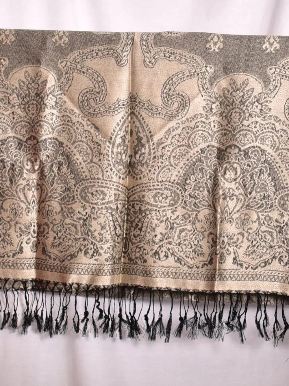Women's Tan and Black Large Scarf With Fringe